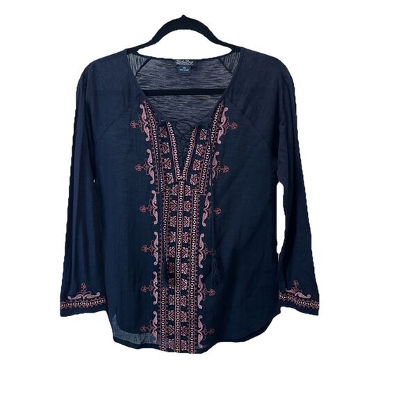 Lucky Brand Navy Blue Embroidered Boho Cottage Tassel Top Womens Size XS - Picture 1 of 7